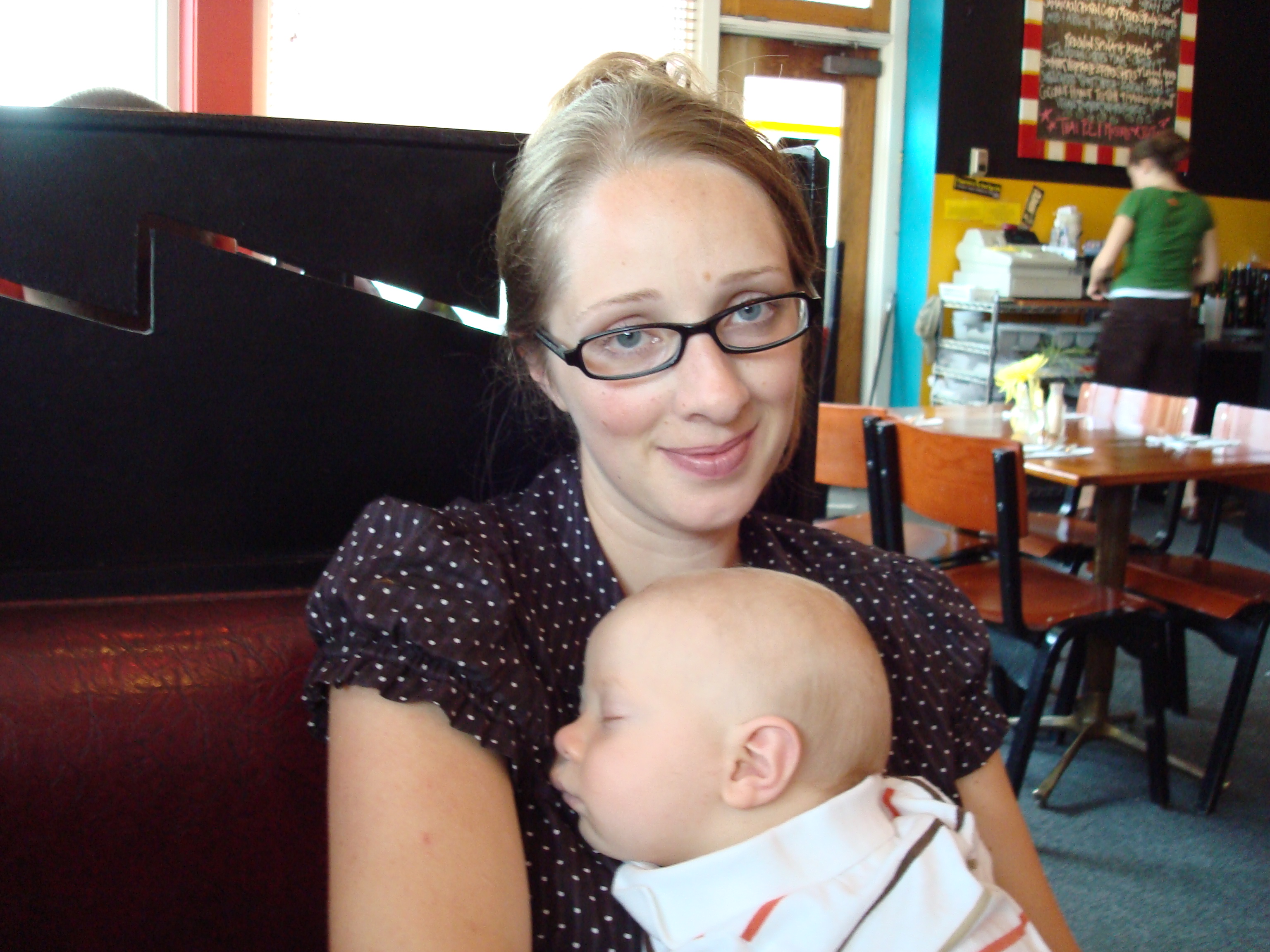 Me and Dashiell at the Good Egg cafe hip baby sleeps restaurant hip mom proud